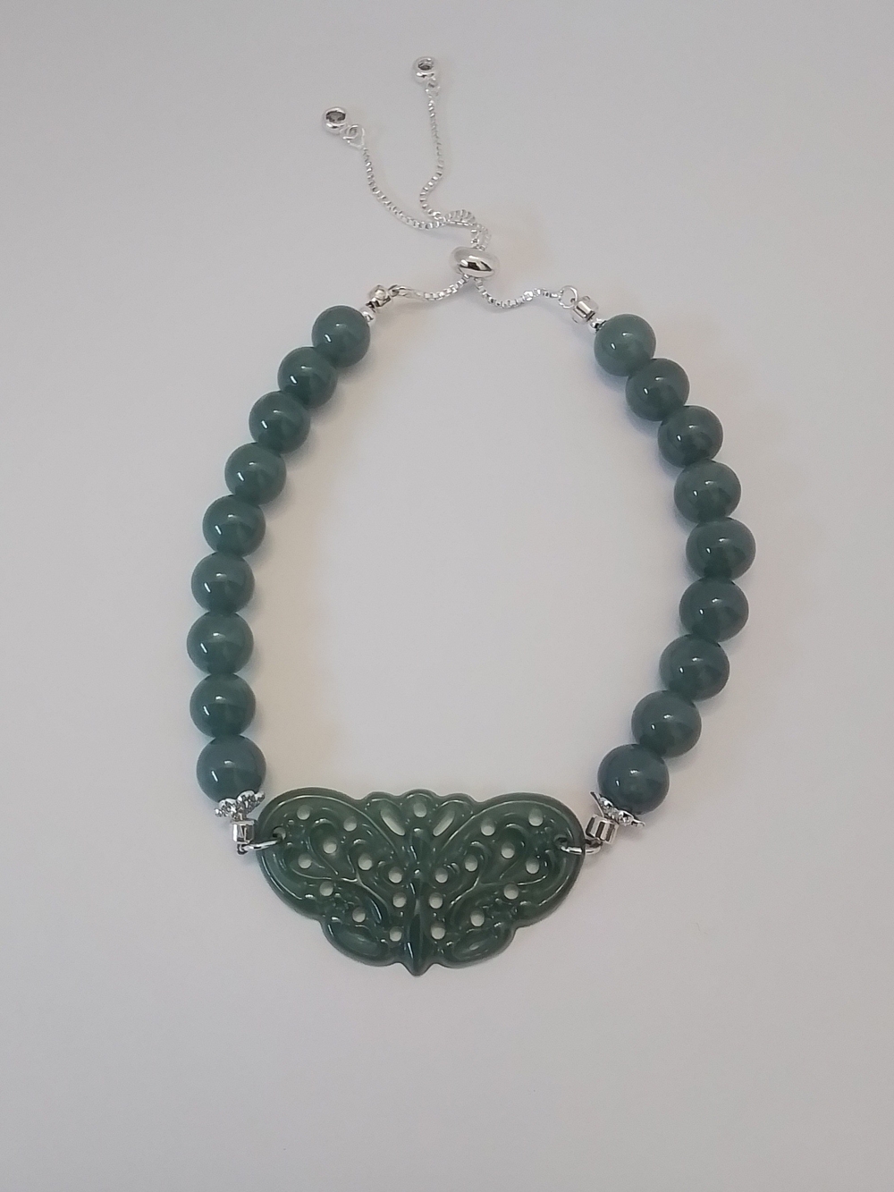 Stunning Jade Bracelet, Adjustable - Elegant Carved Butterfly